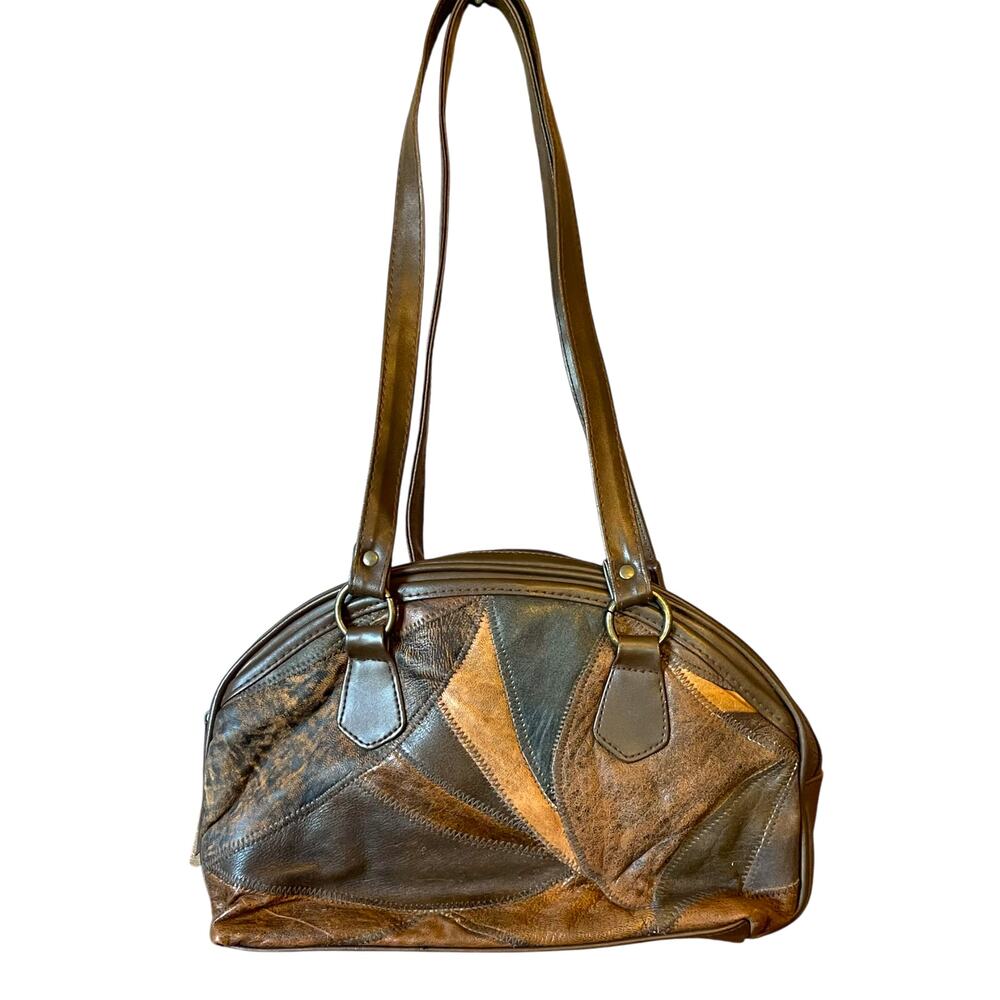 Vintage Genuine Leather Patchwork Shoulder Bag Brown Tan Suede Purse